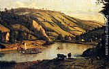 Extensive Canvas Paintings - An Extensive River landscape, Probably Derbyshire, With Drovers And Their Cattle In The Foreground
